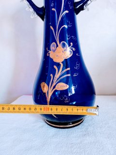 مزهرية انتيك من الزجاج الأزرق الفرنسي المطلي بماء الذهب (عمل يدوي) 3