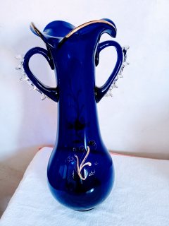 مزهرية انتيك من الزجاج الأزرق الفرنسي المطلي بماء الذهب (عمل يدوي) 5